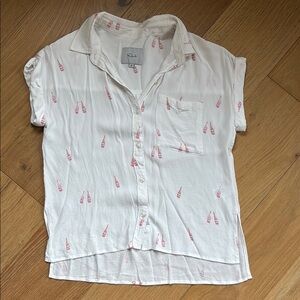 Anthropologie White Button-Up Top with Pink Champagne Print